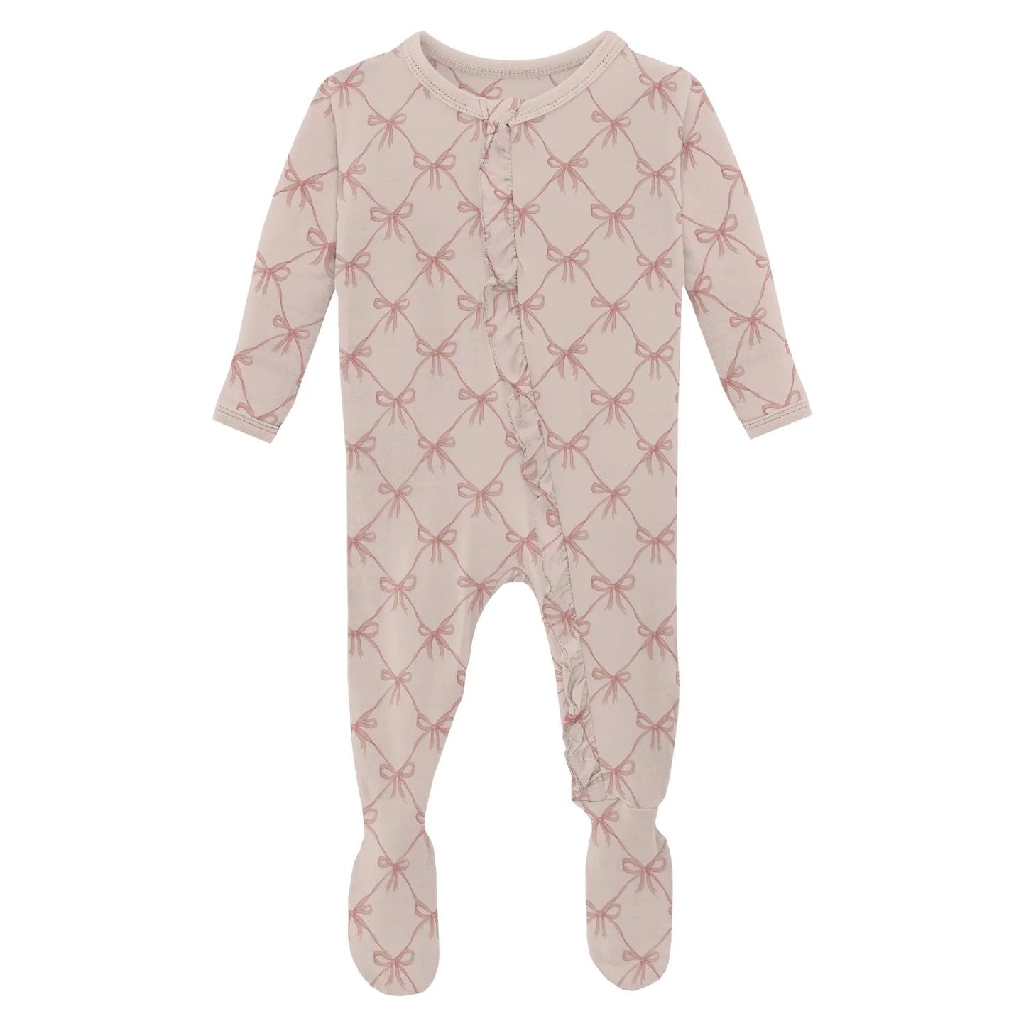 Print Layette Ruffle Footie with 2 Way Zipper in Shrinking Violet Bow Lattice - Doodlebug's Children's Boutique