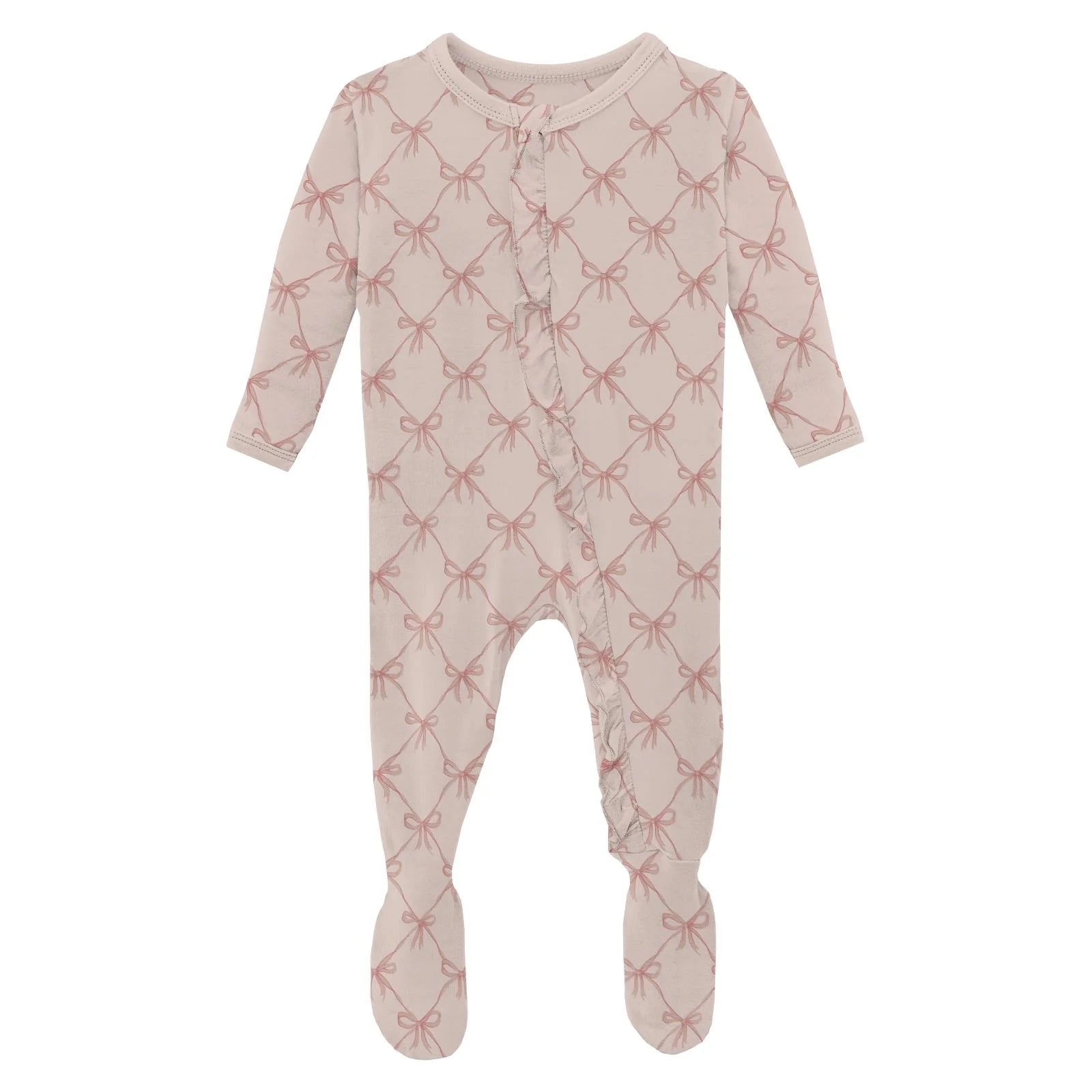 Print Layette Ruffle Footie with 2 Way Zipper in Shrinking Violet Bow Lattice - Doodlebug's Children's Boutique