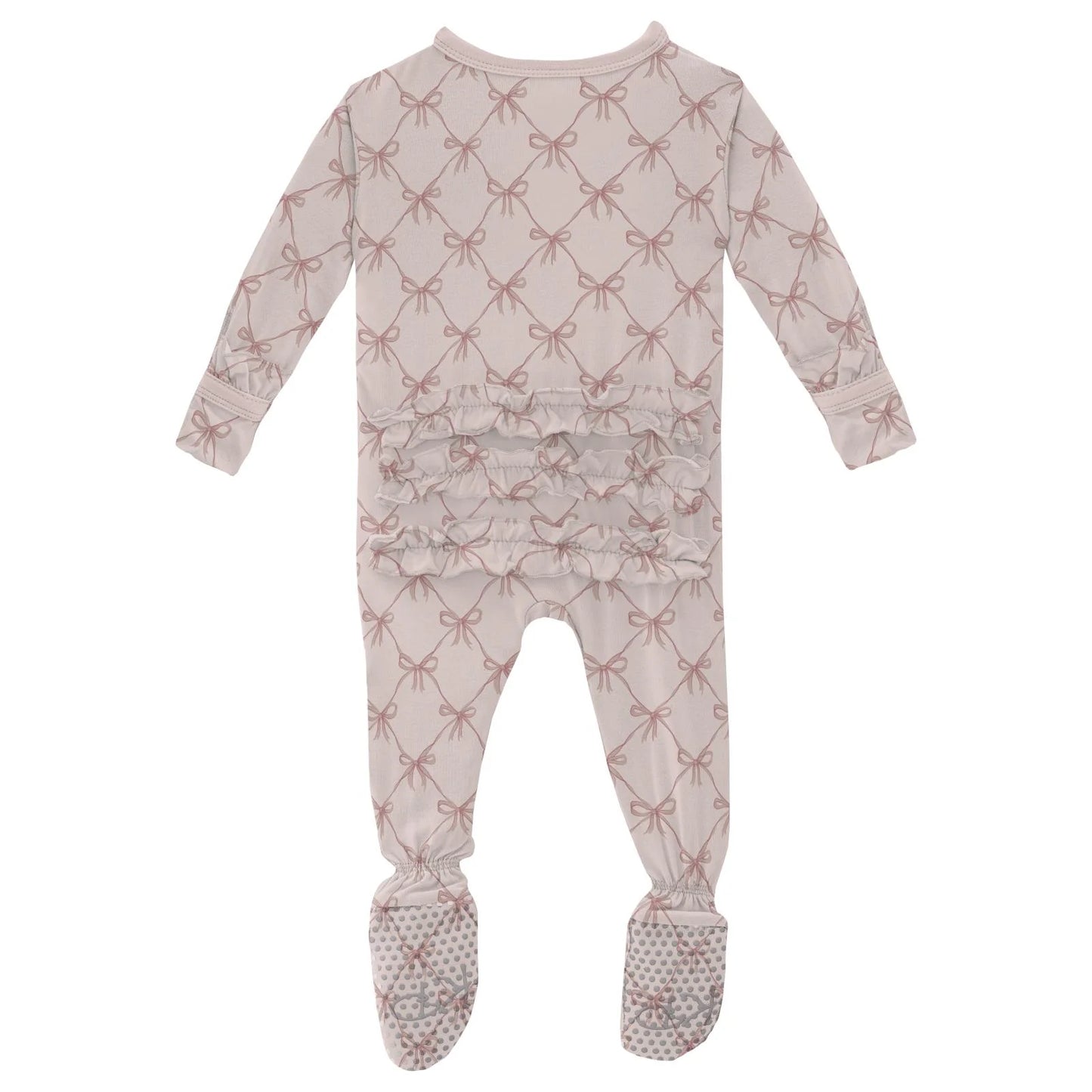 Print Layette Ruffle Footie with 2 Way Zipper in Shrinking Violet Bow Lattice - Doodlebug's Children's Boutique