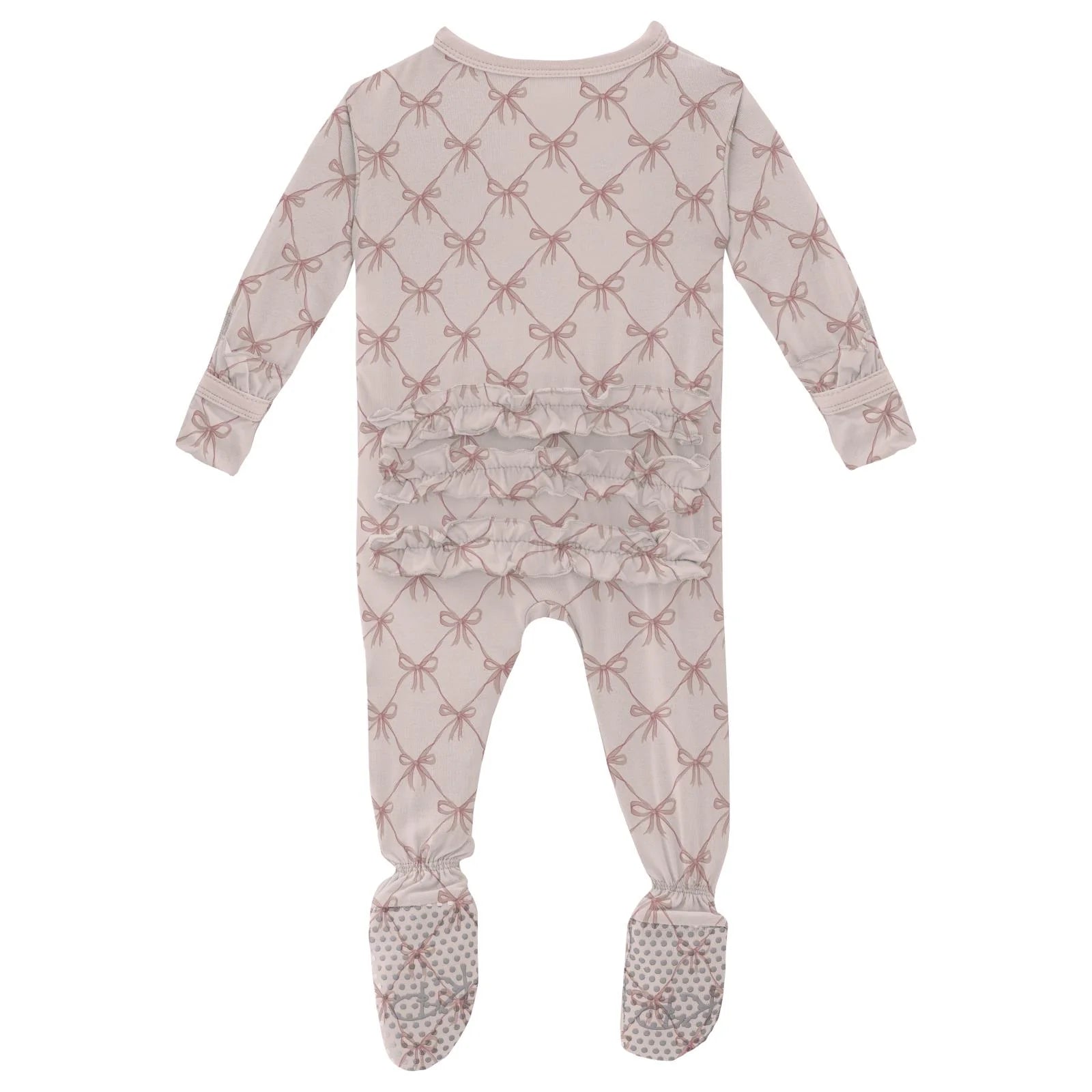 Print Layette Ruffle Footie with 2 Way Zipper in Shrinking Violet Bow Lattice - Doodlebug's Children's Boutique