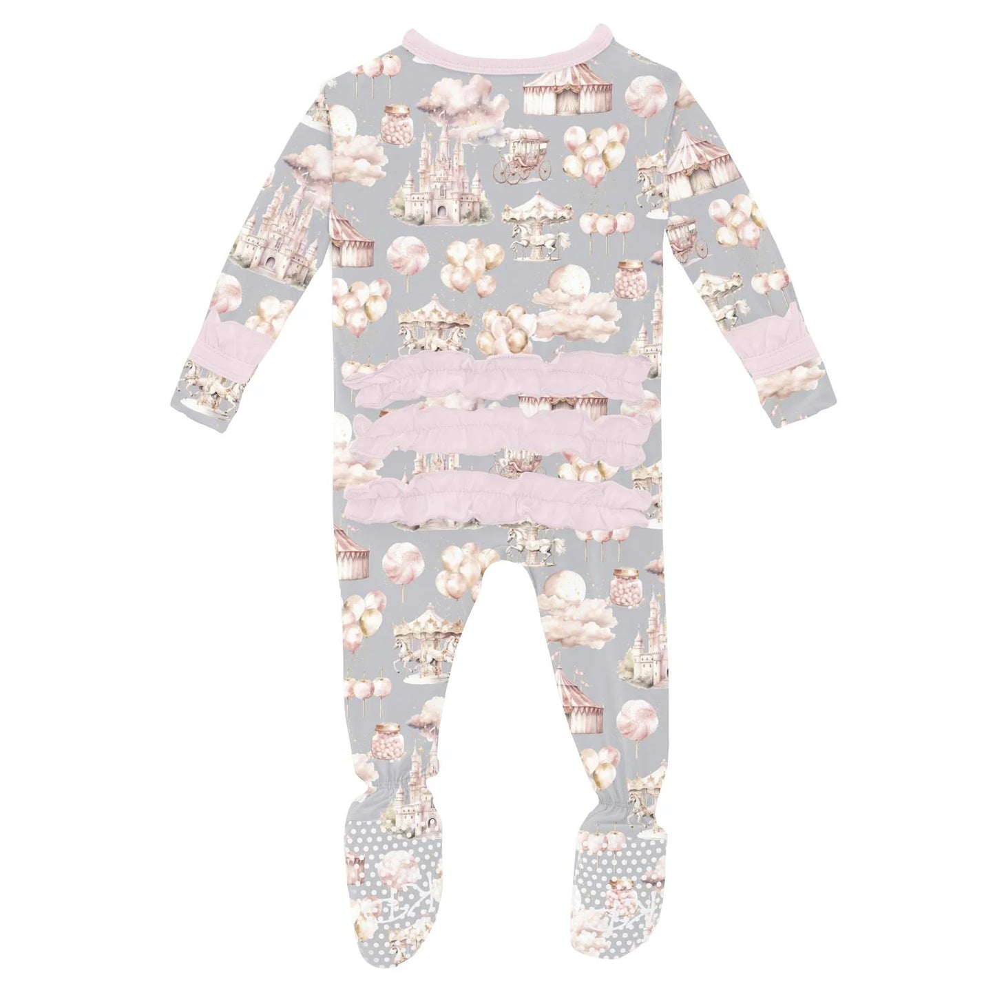 Print Layette Ruffle Footie with 2 Way Zipper in Dove Princess Dreams - Doodlebug's Children's Boutique