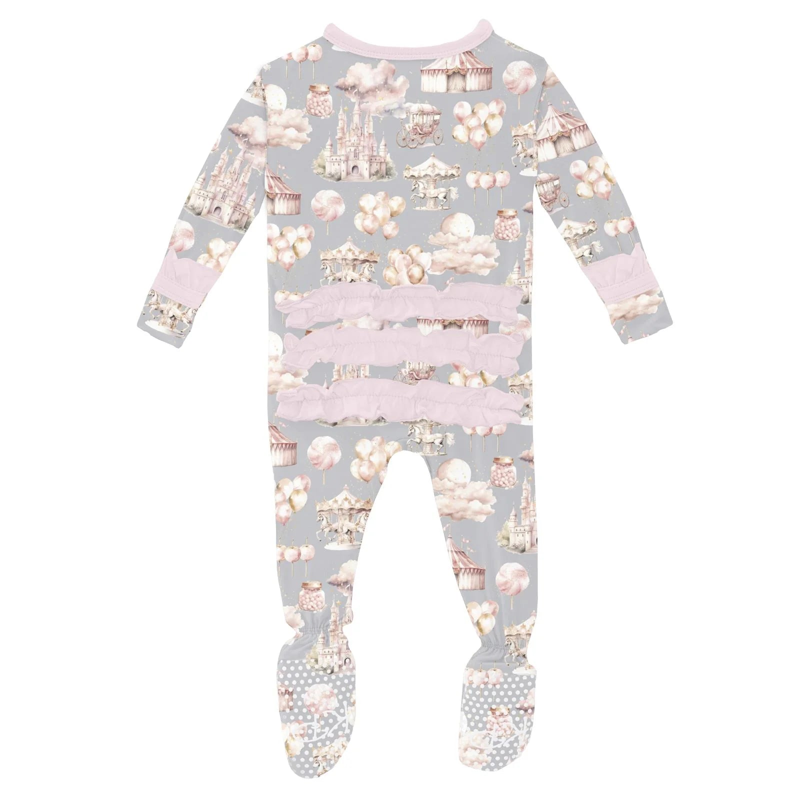 Print Layette Ruffle Footie with 2 Way Zipper in Dove Princess Dreams - Doodlebug's Children's Boutique
