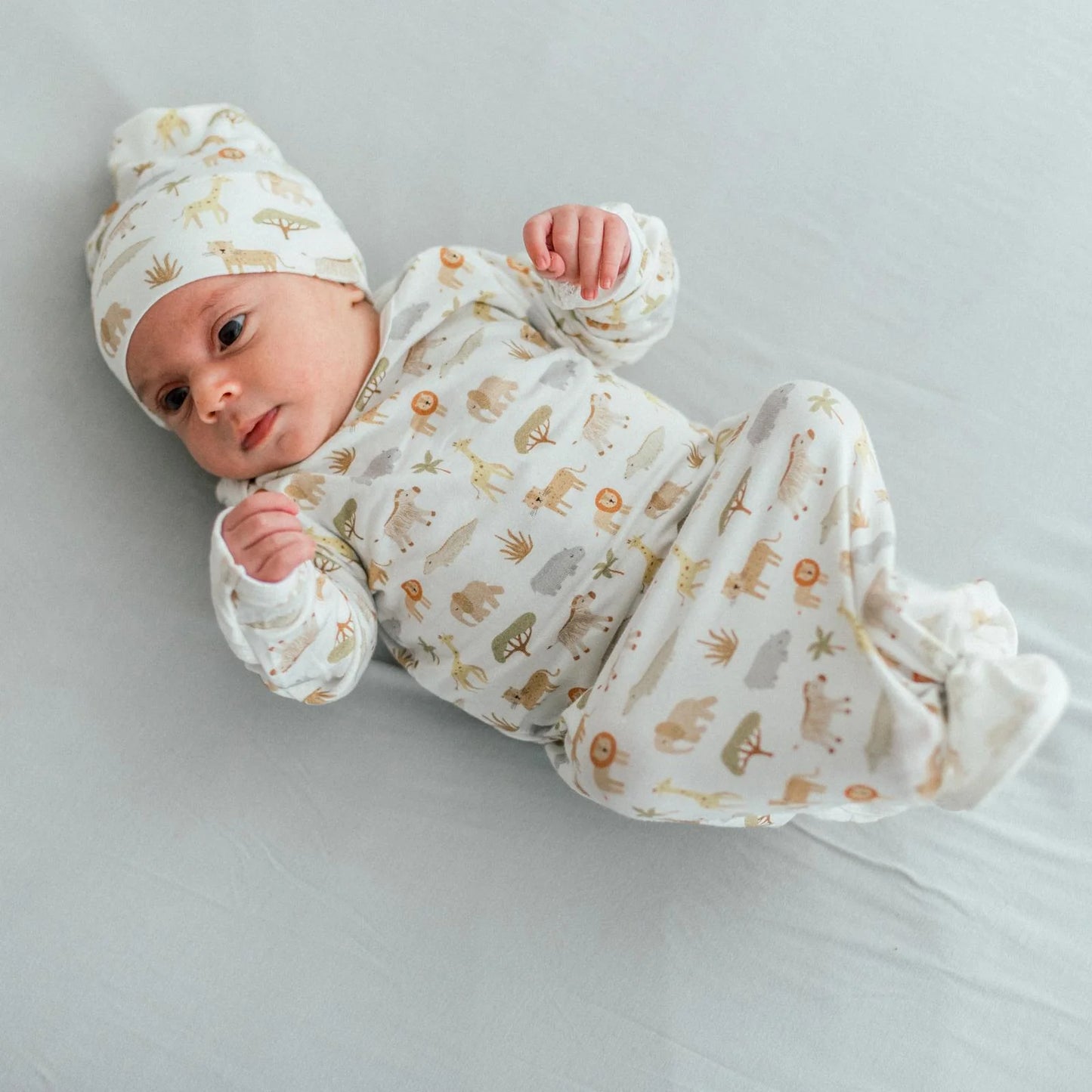 Print Knotted Gown & Hat in Natural Mini Safari - Doodlebug's Children's Boutique
