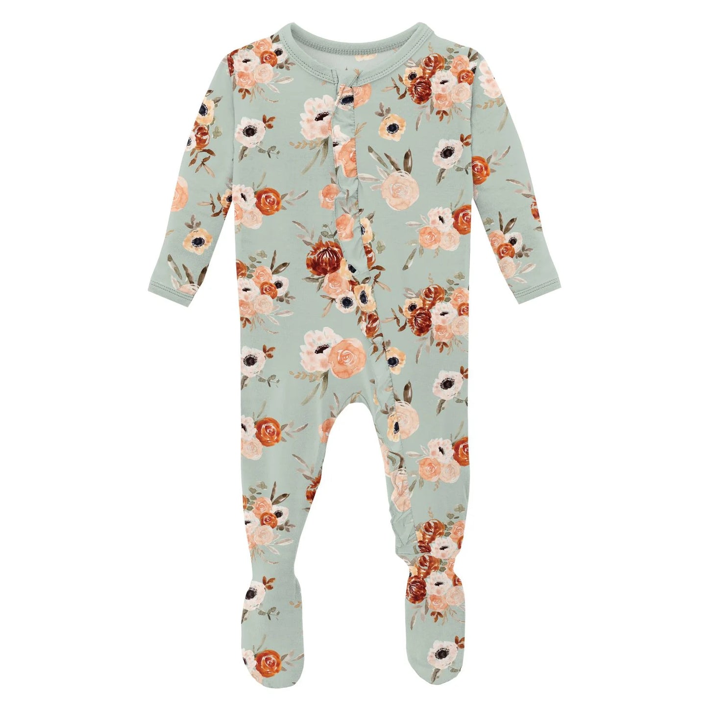 Print Layette Ruffle Footie in Aloe Fall Floral - Doodlebug's Children's Boutique