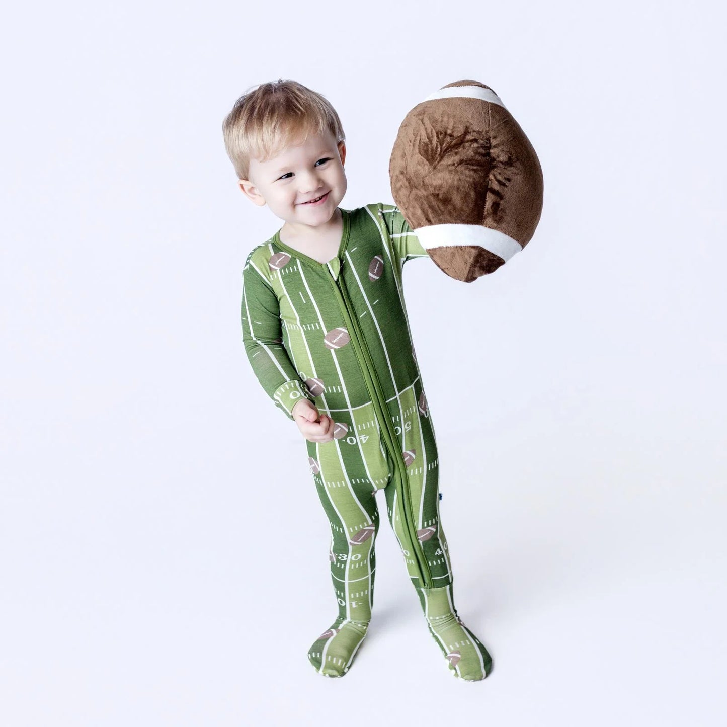 Print Footie with 2 Way Zipper in Pesto Football - Doodlebug's Children's Boutique