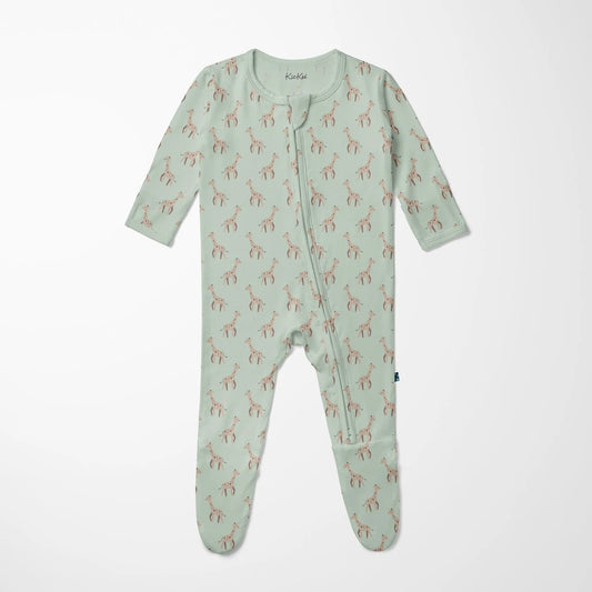 Print Footie with 2 Way Zipper in Aloe Giraffe