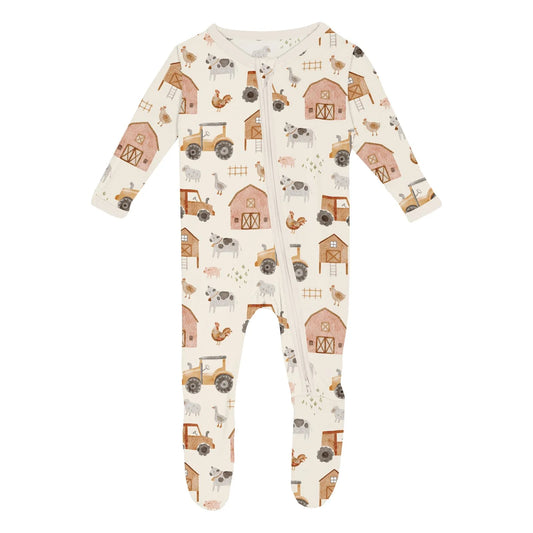 Print Footie with 2 Way Zipper in Natural Farm Life - Doodlebug's Children's Boutique