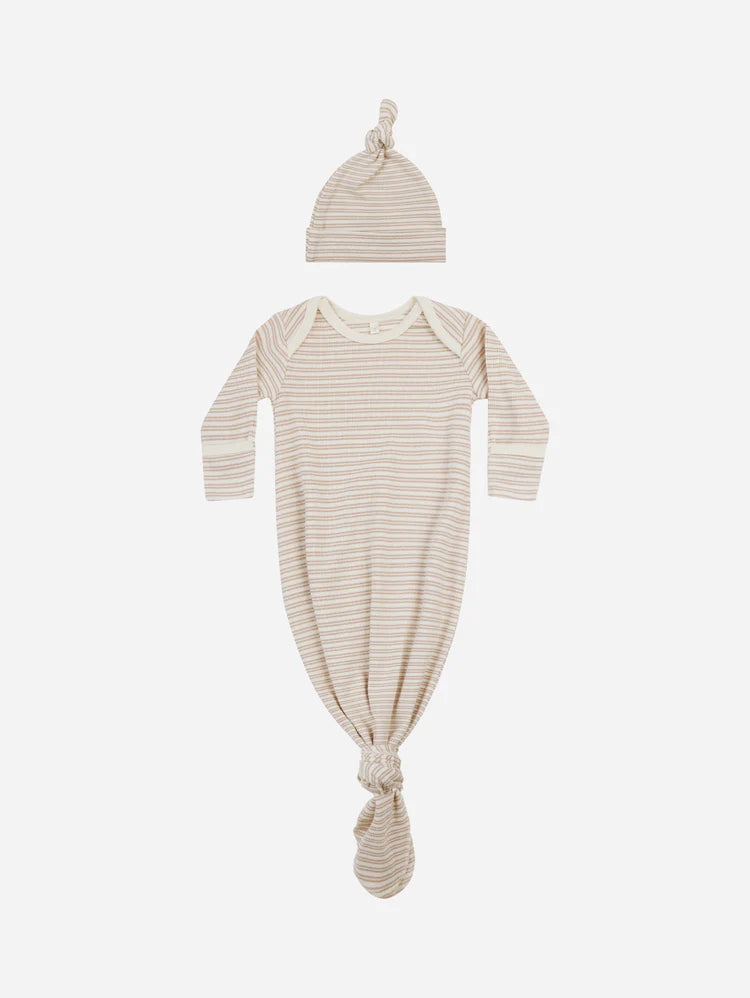 Knotted Baby Gown & Hat Set in Oat Stripe  - Doodlebug's Children's Boutique