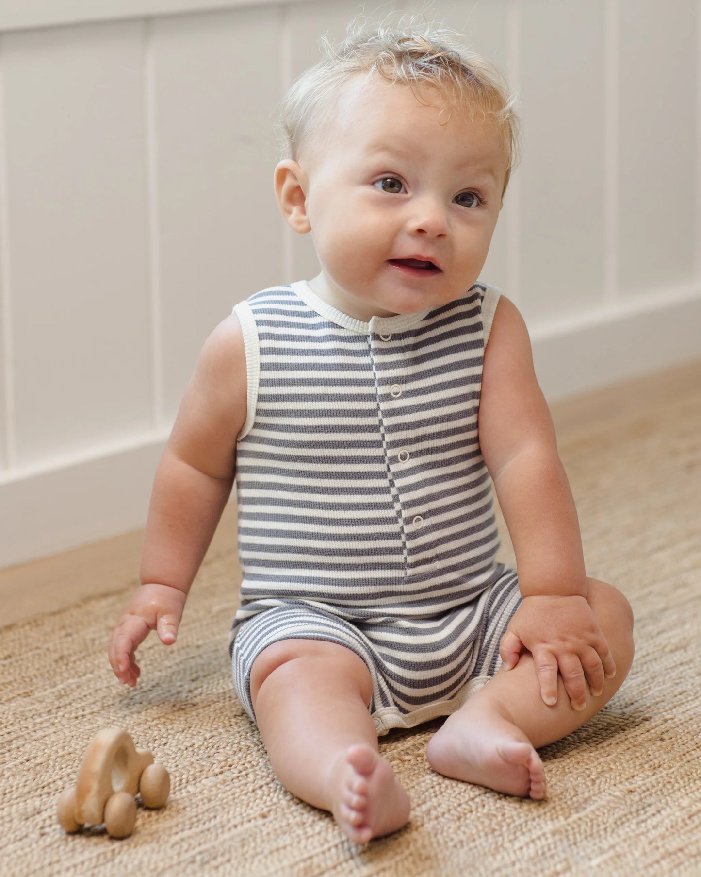 Ribbed Henley Romper in Ocean - Doodlebug's Children's Boutique