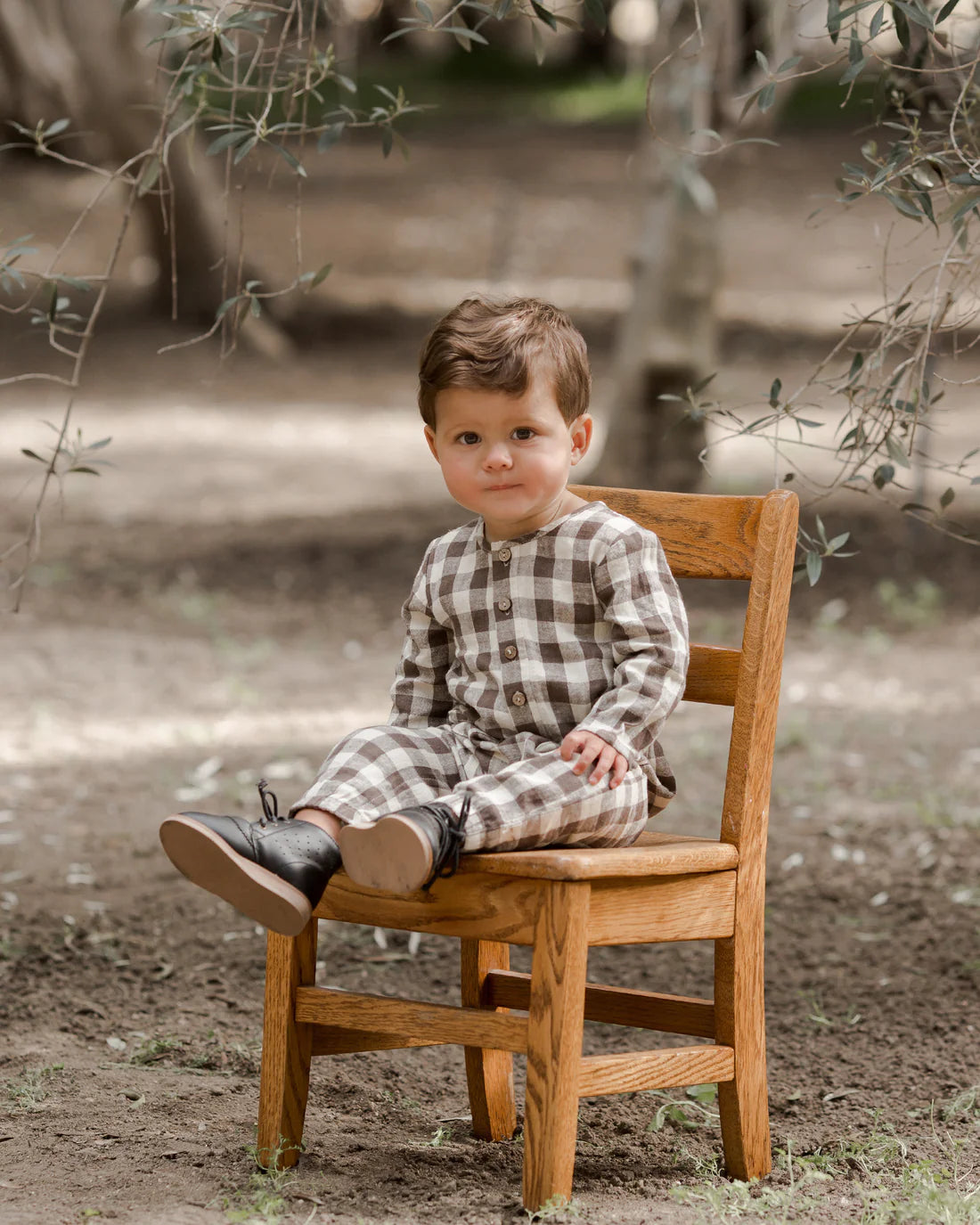 Long Sleeve Woven Jumpsuit in Charcoal Check  - Doodlebug's Children's Boutique