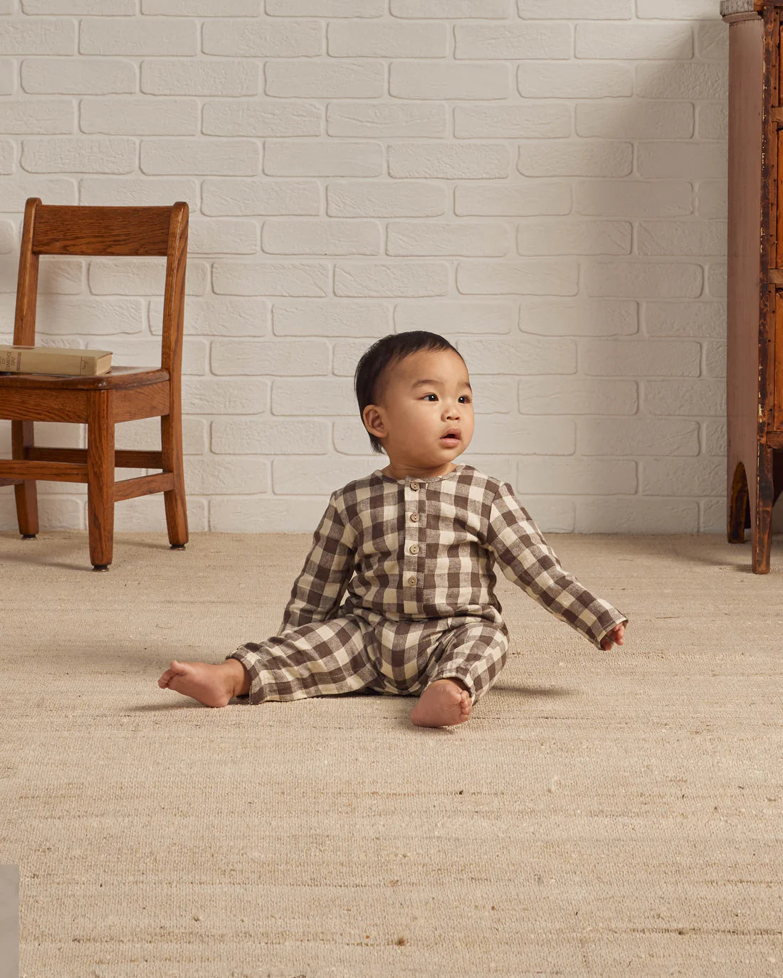 Long Sleeve Woven Jumpsuit in Charcoal Check  - Doodlebug's Children's Boutique