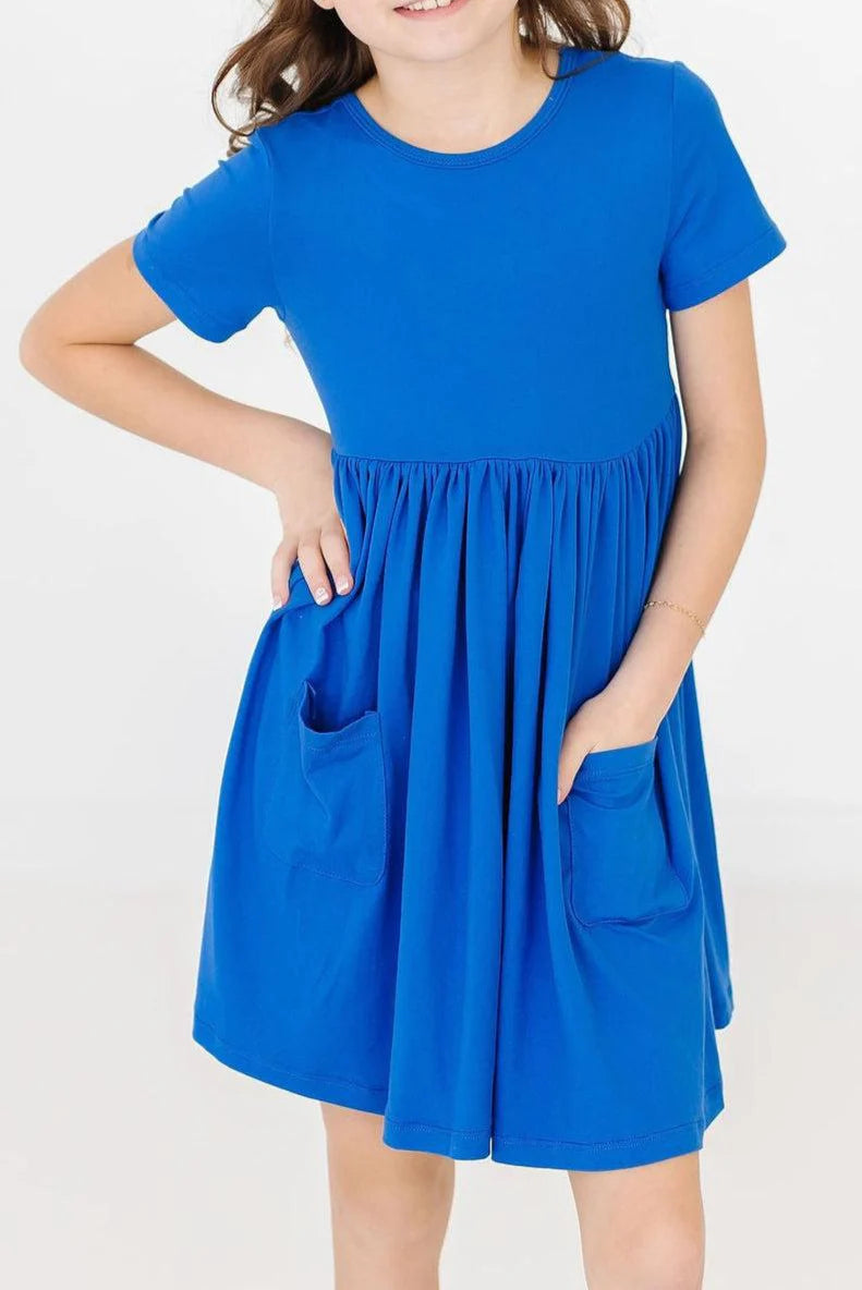 Royal Blue Short Sleeve Pocket Twirl Dress - Doodlebug's Children's Boutique