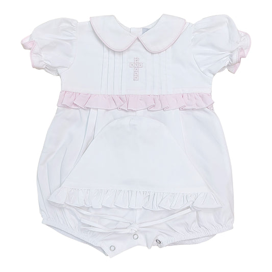 Pink Embroidered Cross Smocked Bubble with Bonnet