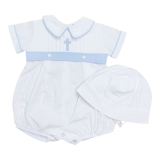 Blue Embroidered Cross Smocked Bubble with Bonnet