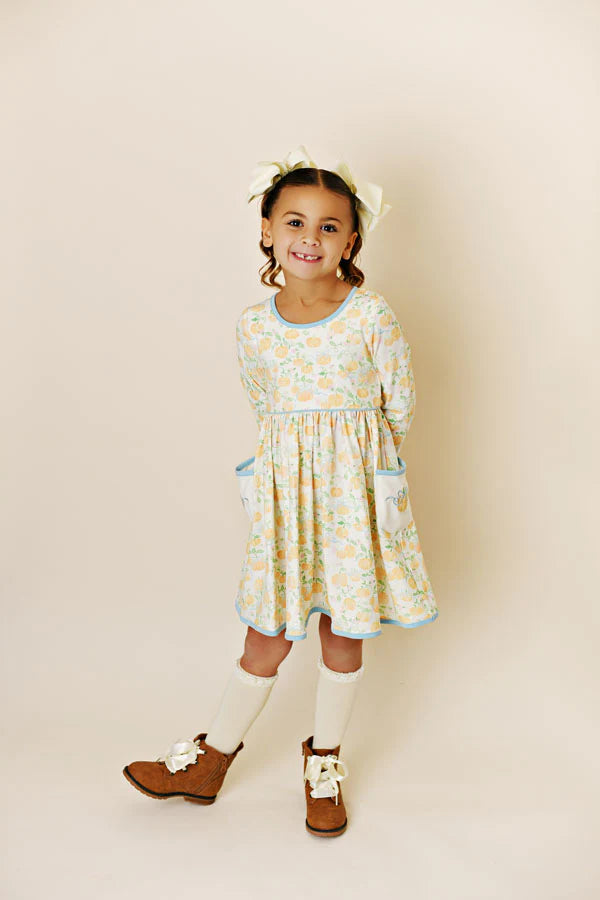Fall Bow Pumpkin Embroidery Pocket Dress  - Doodlebug's Children's Boutique