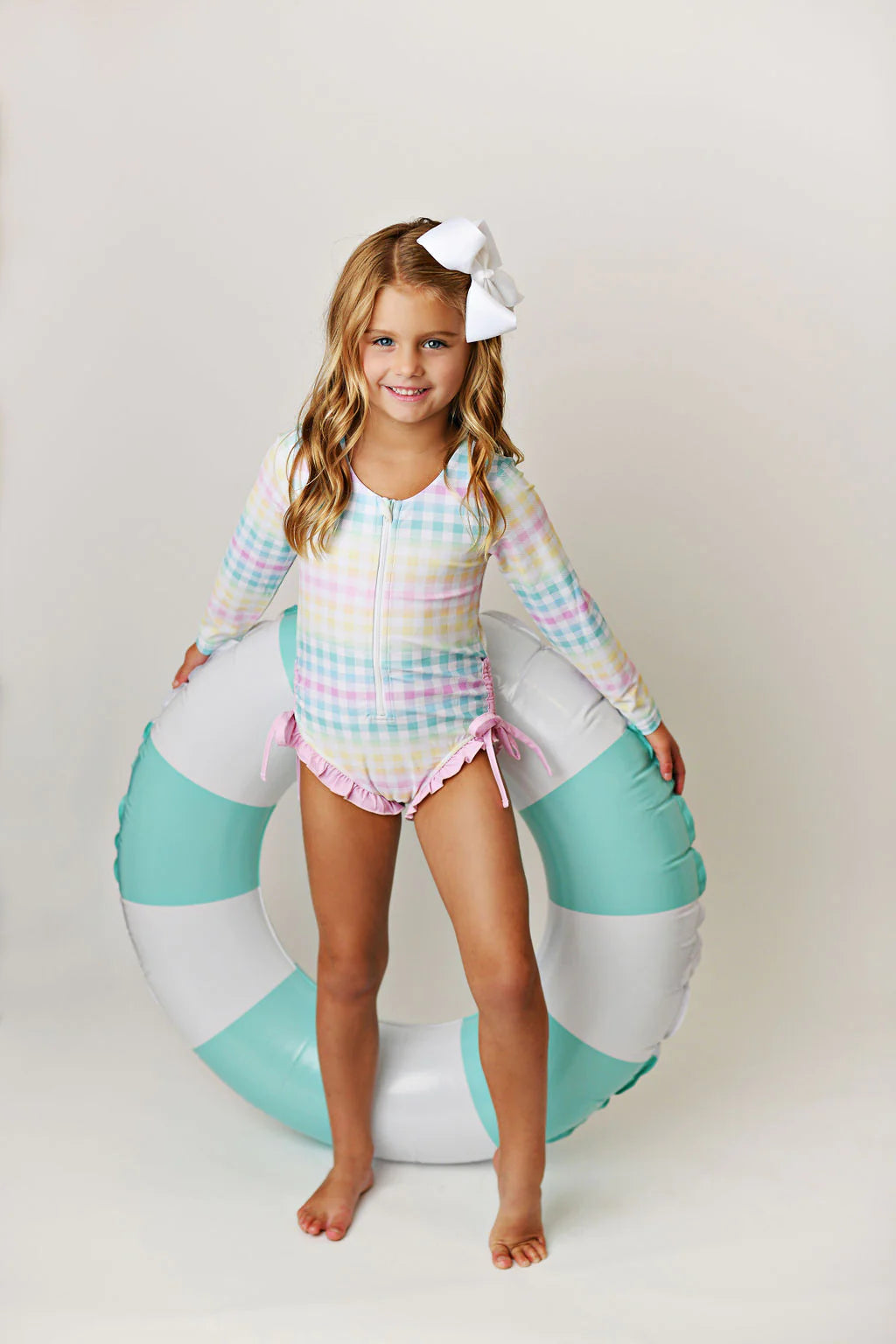 Rainbow Gingham One-Piece Long Sleeve Swimsuit  - Doodlebug's Children's Boutique