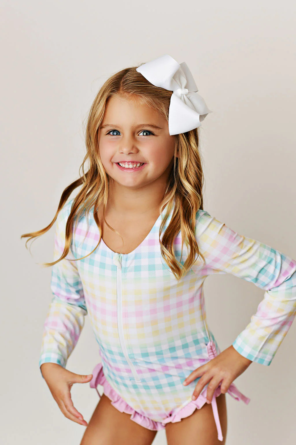 Rainbow Gingham One-Piece Long Sleeve Swimsuit  - Doodlebug's Children's Boutique