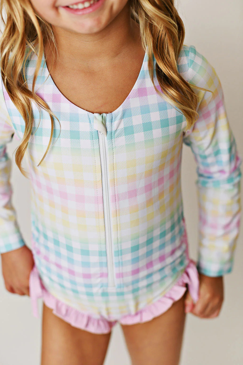 Rainbow Gingham One-Piece Long Sleeve Swimsuit  - Doodlebug's Children's Boutique