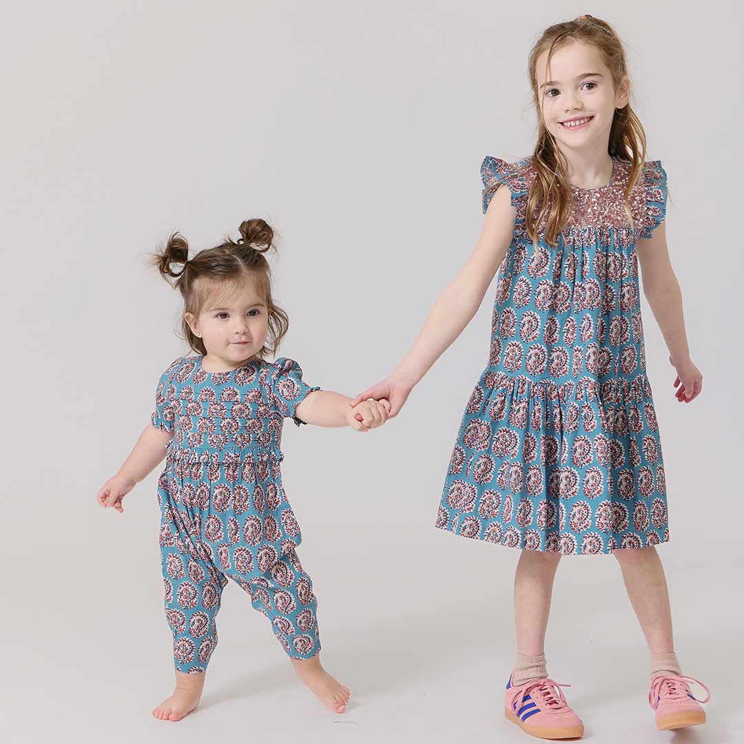 Fiona Ruffle Dress in Blue Paisley - Doodlebug's Children's Boutique