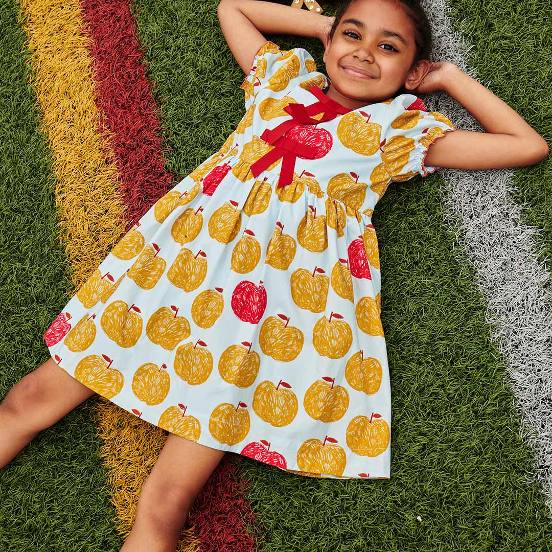 Hermoine Dress in Gold Apples - Doodlebug's Children's Boutique