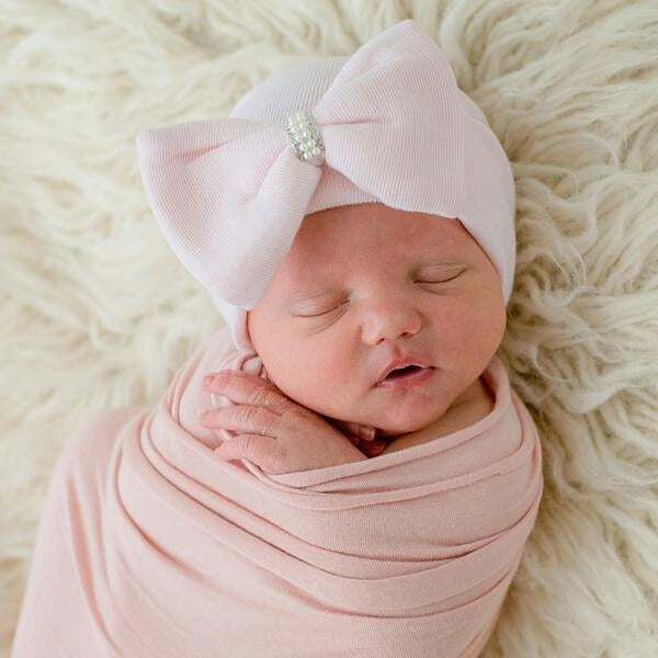Pink Rhinestone Bow Newborn Hospital Hat - Doodlebug's Children's Boutique