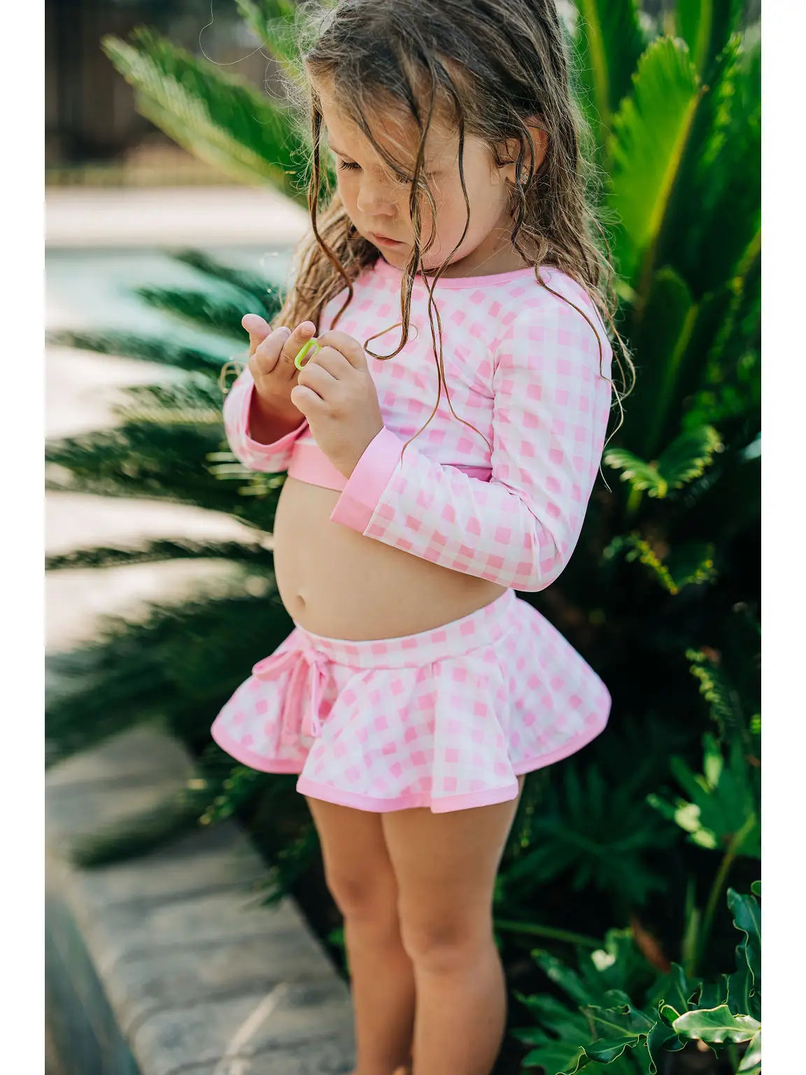 Skirt Bikini Swimsuit in Pink Gingham  - Doodlebug's Children's Boutique
