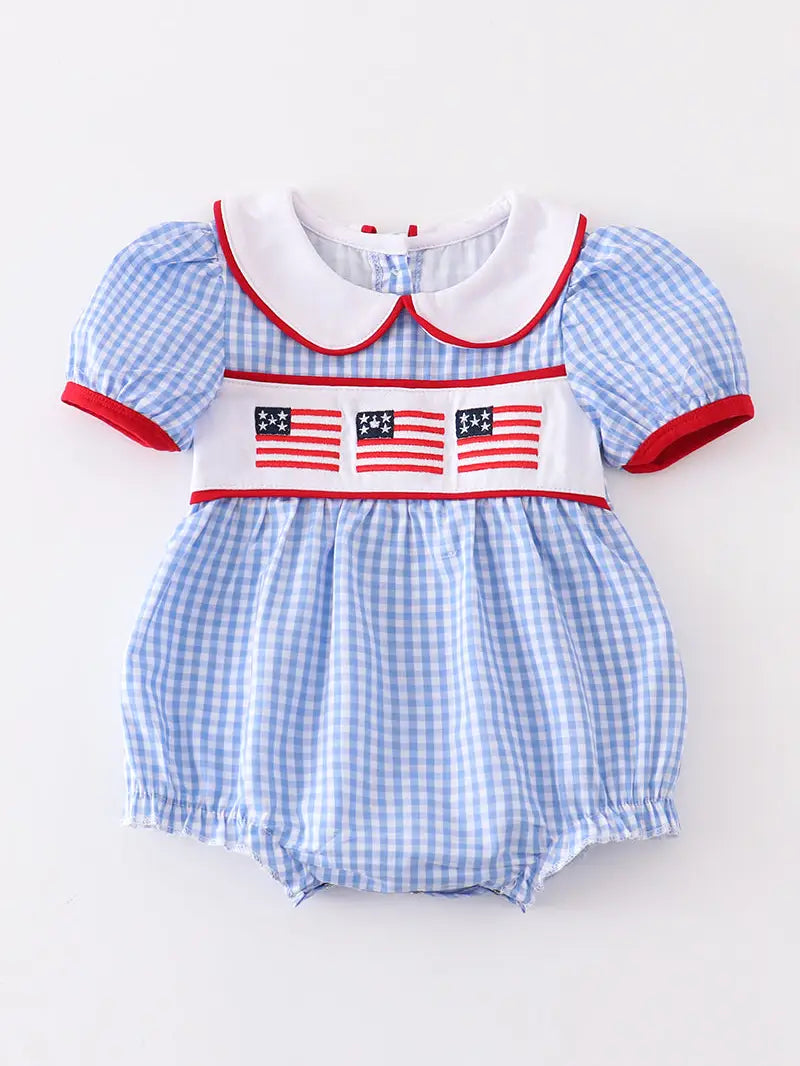 Flag Patriotic Embroidery Plaid Baby Girl Romper  - Doodlebug's Children's Boutique