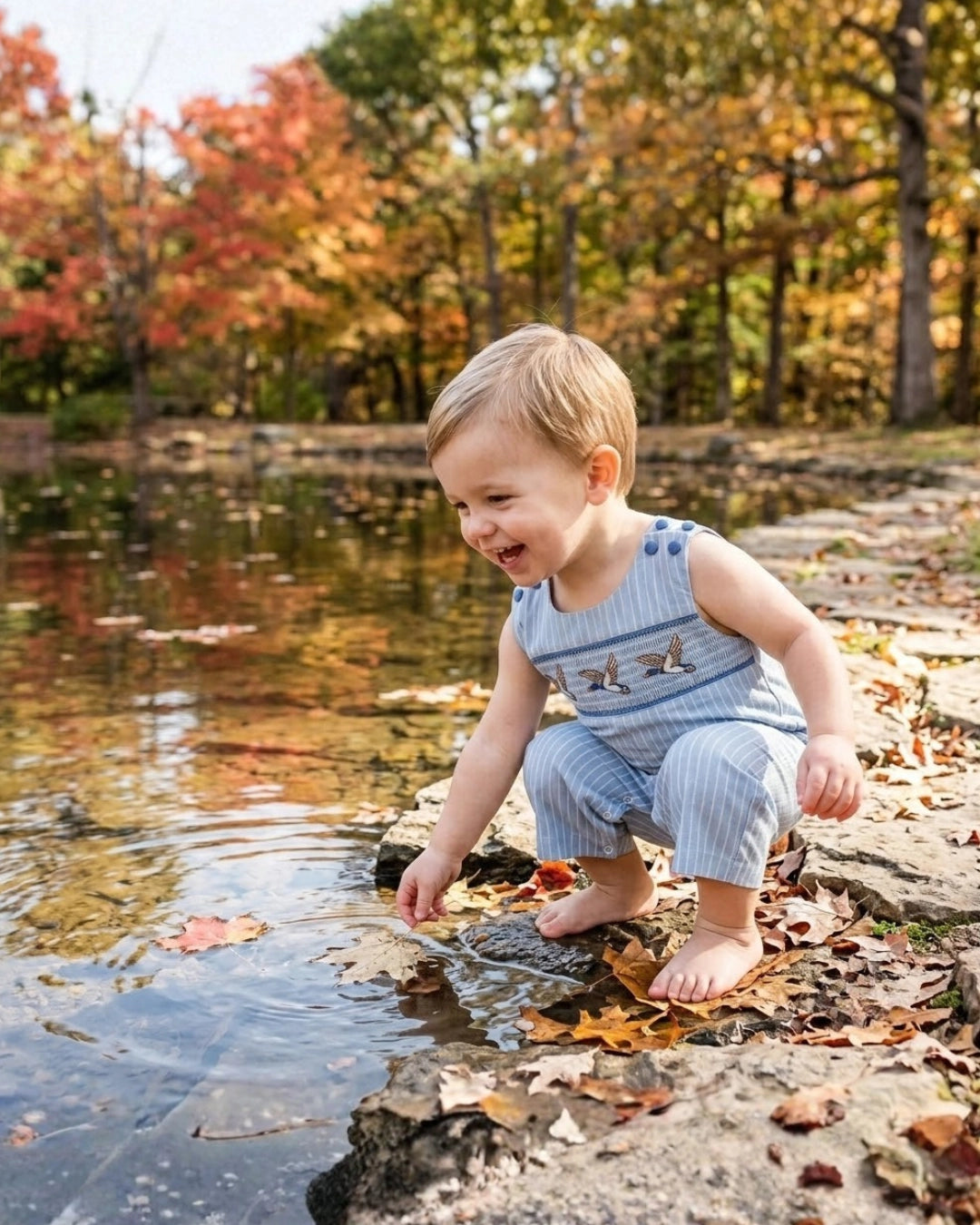 Blue Pinstripe Mallard Smocked Overalls