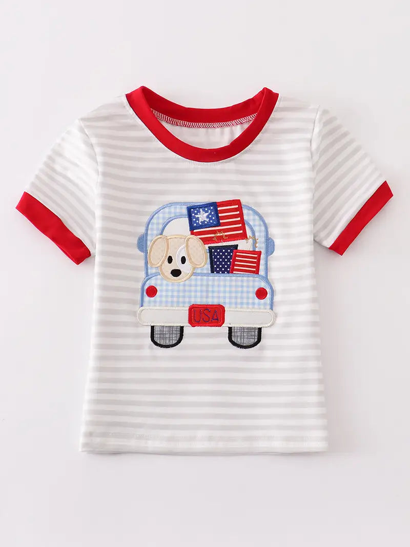 Flag Dog Car Patriotic Applique Tee  - Doodlebug's Children's Boutique
