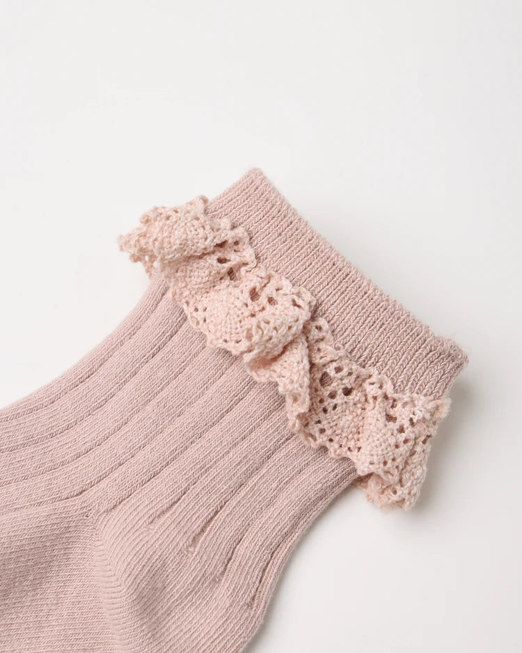 Lace Trim Socks in Rosewood & Natural
