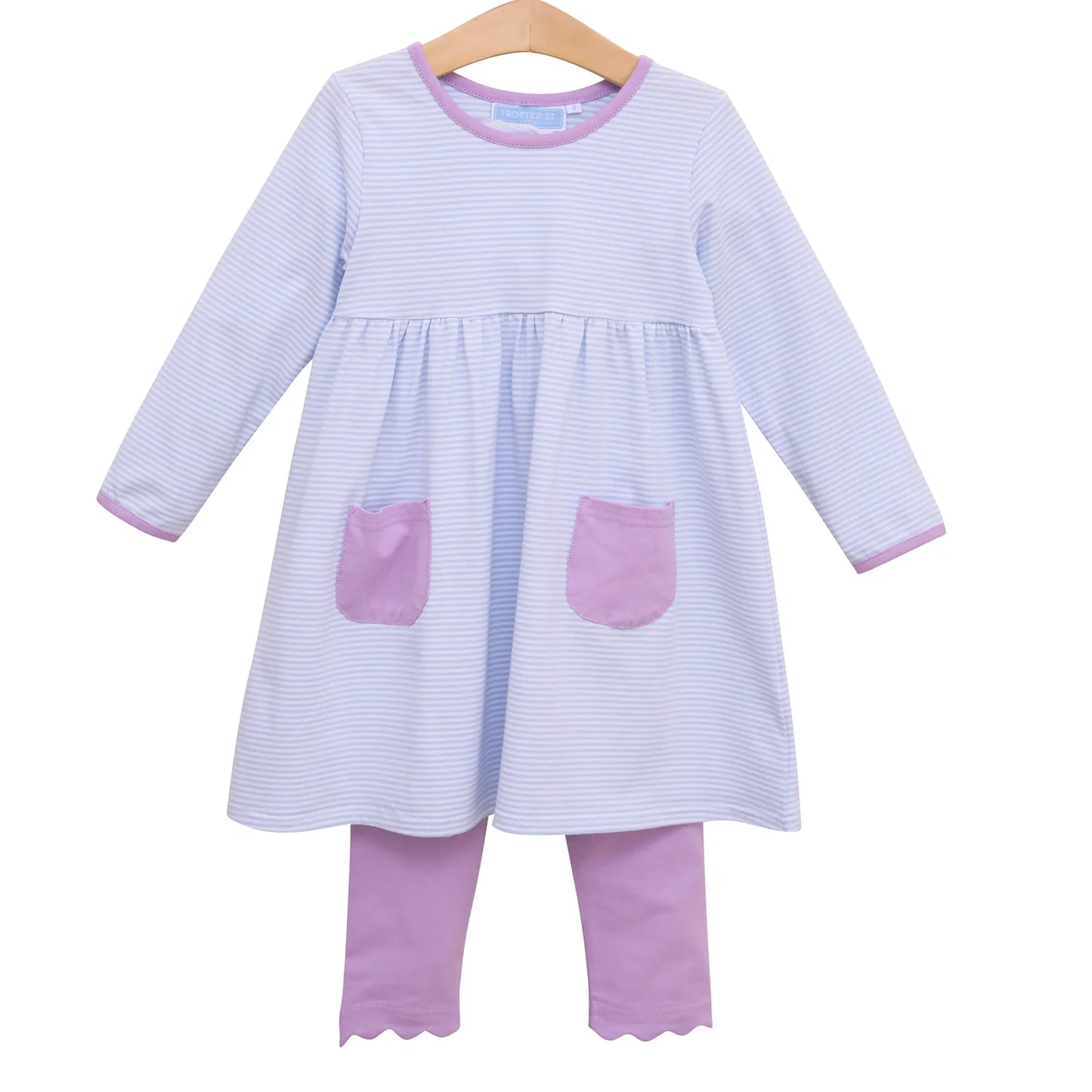 Annie Pants Set in Light Blue Stripe & Lavender  - Doodlebug's Children's Boutique