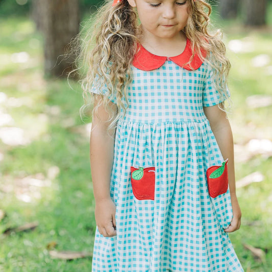 Twirl Dress in Blue Gingham with Apple Pockets  - Doodlebug's Children's Boutique