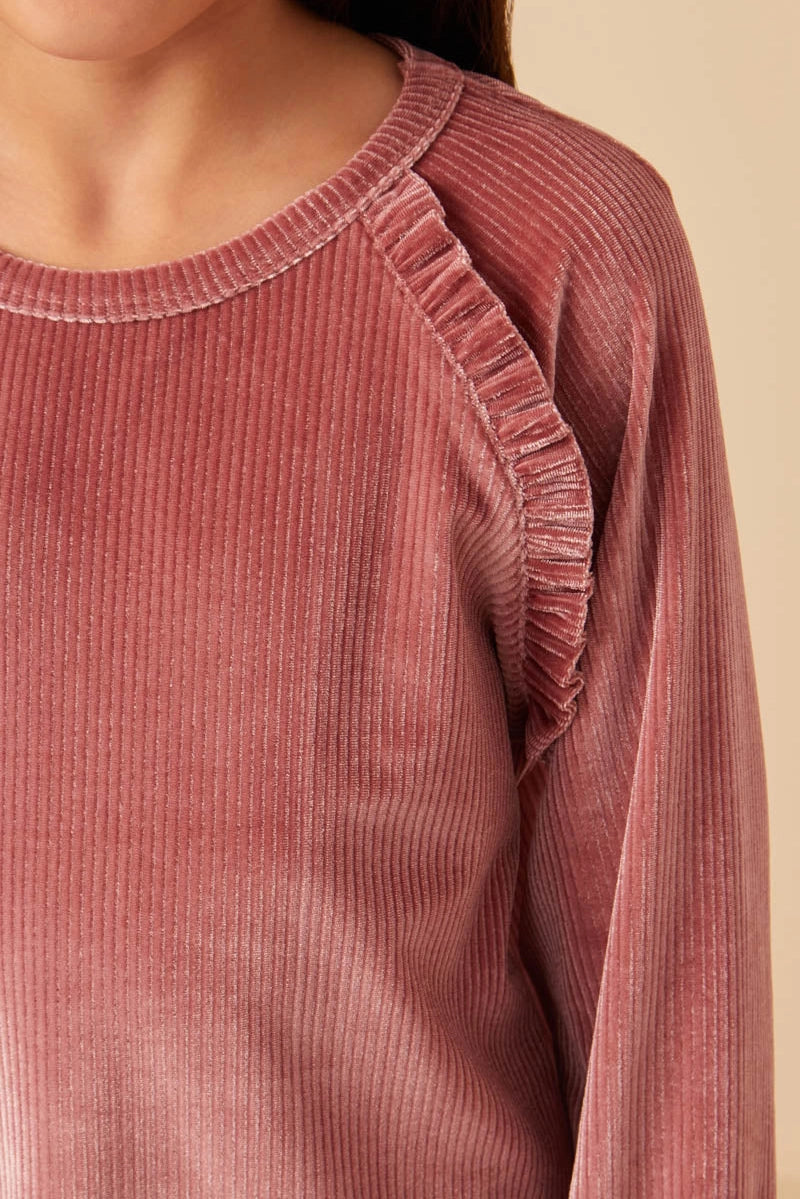Mauve Ruffle Ribbed Velvet Top