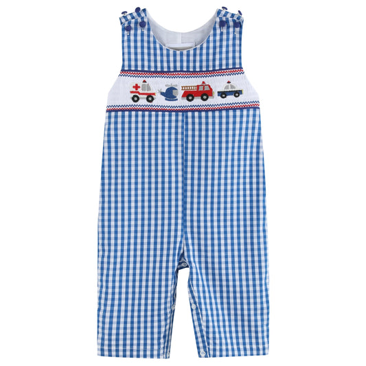 Blue Gingham Emergency Vehicle Smocked Overalls  - Doodlebug's Children's Boutique