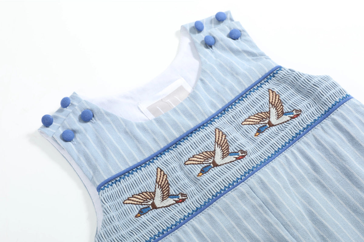 Blue Pinstripe Mallard Smocked Overalls