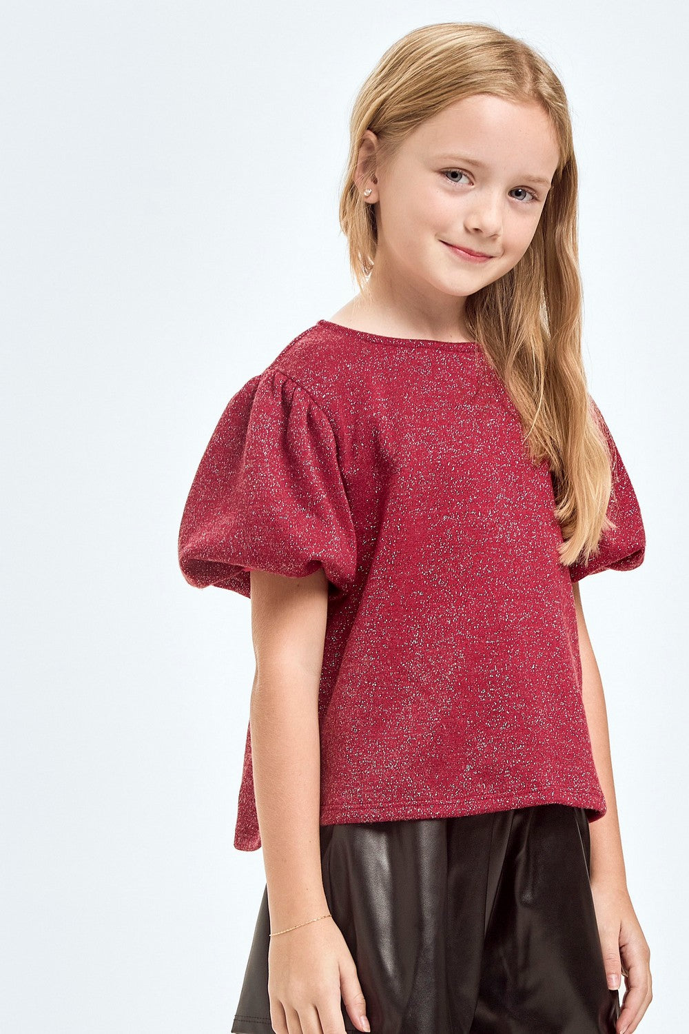 Red with Silver Lurex Balloon Sleeve Top - Doodlebug's Children's Boutique