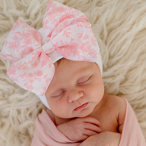 Pink Toile Bow Newborn Hospital Hat - Doodlebug's Children's Boutique