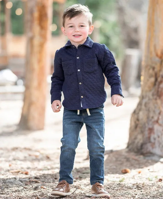 Heather Navy Quilted Button Down Shirt  - Doodlebug's Children's Boutique