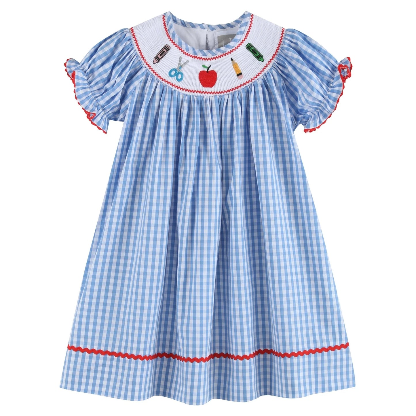 Blue Gingham School Supplies Smocked Bishop Dress - Doodlebug's Children's Boutique