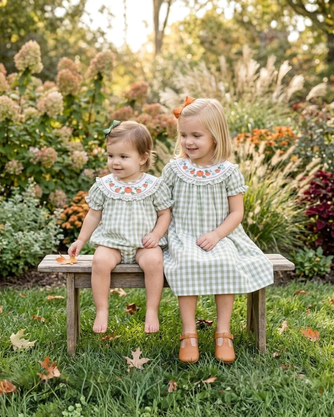 Sage Green Gingham Pumpkin Smocked Romper - Doodlebug's Children's Boutique