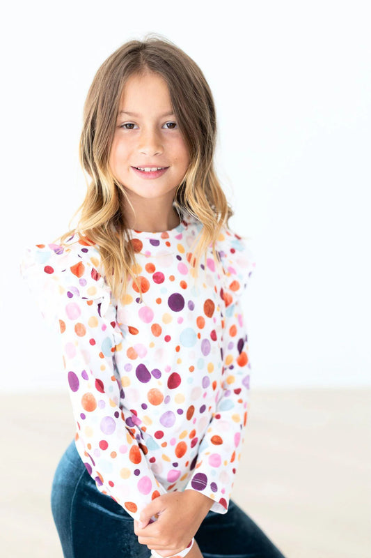 Watercolor Pebbles Long Sleeve Ruffle Tee  - Doodlebug's Children's Boutique