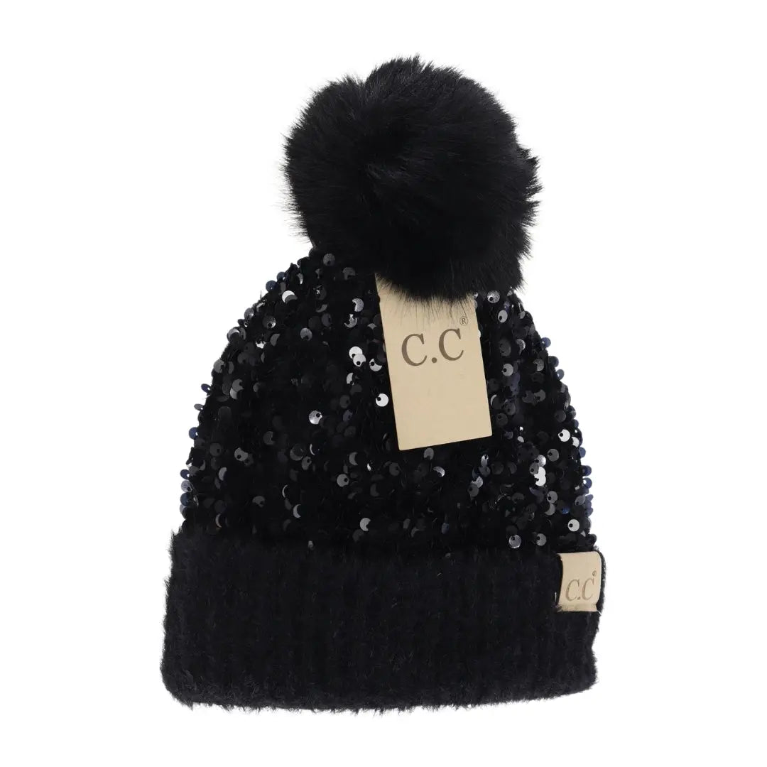 Black Sequin Faux Fur Pom Kids Beanie  - Doodlebug's Children's Boutique