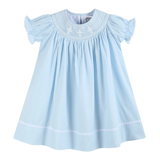 Light Blue Crosses Smocked Bishop Dress - Doodlebug's Children's Boutique