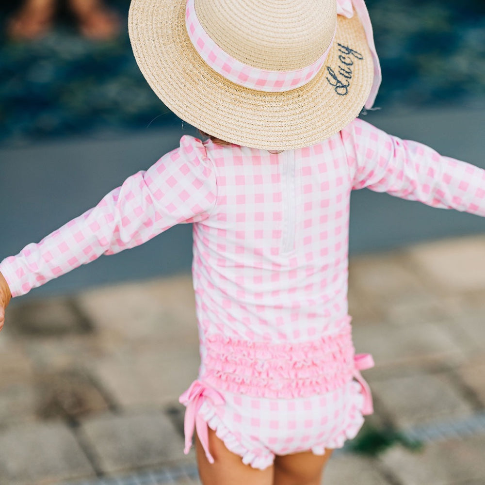 Ruffle Bottom Swimsuit in Pink Gingham  - Doodlebug's Children's Boutique