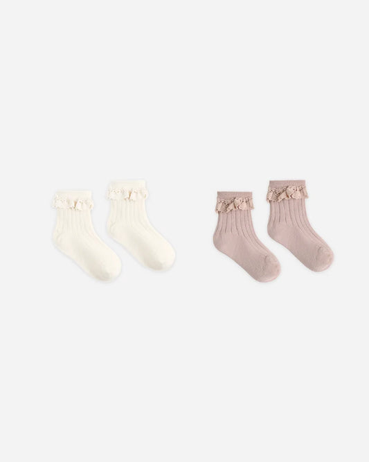 Lace Trim Socks in Rosewood & Natural - Doodlebug's Children's Boutique