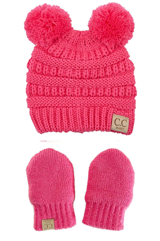Candy Pink Double Pom Baby Beanie and Mittens Set - Doodlebug's Children's Boutique