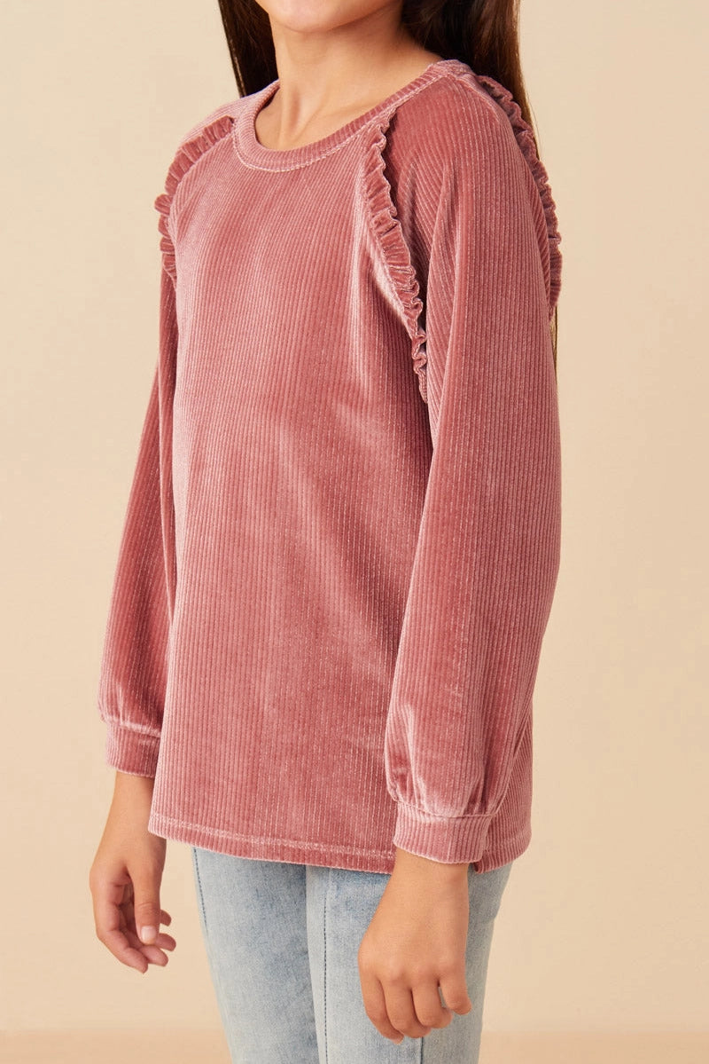 Mauve Ruffle Ribbed Velvet Top