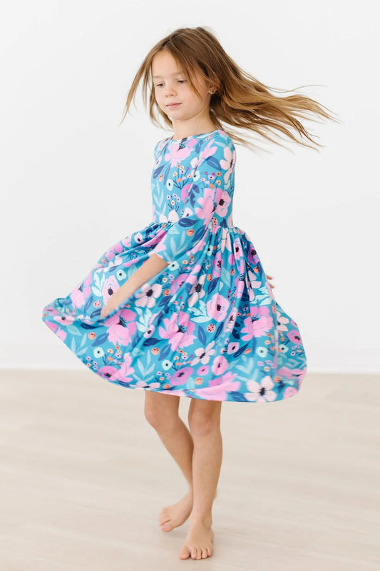 Twirling in Teal 3/4 Sleeve Dress  - Doodlebug's Children's Boutique