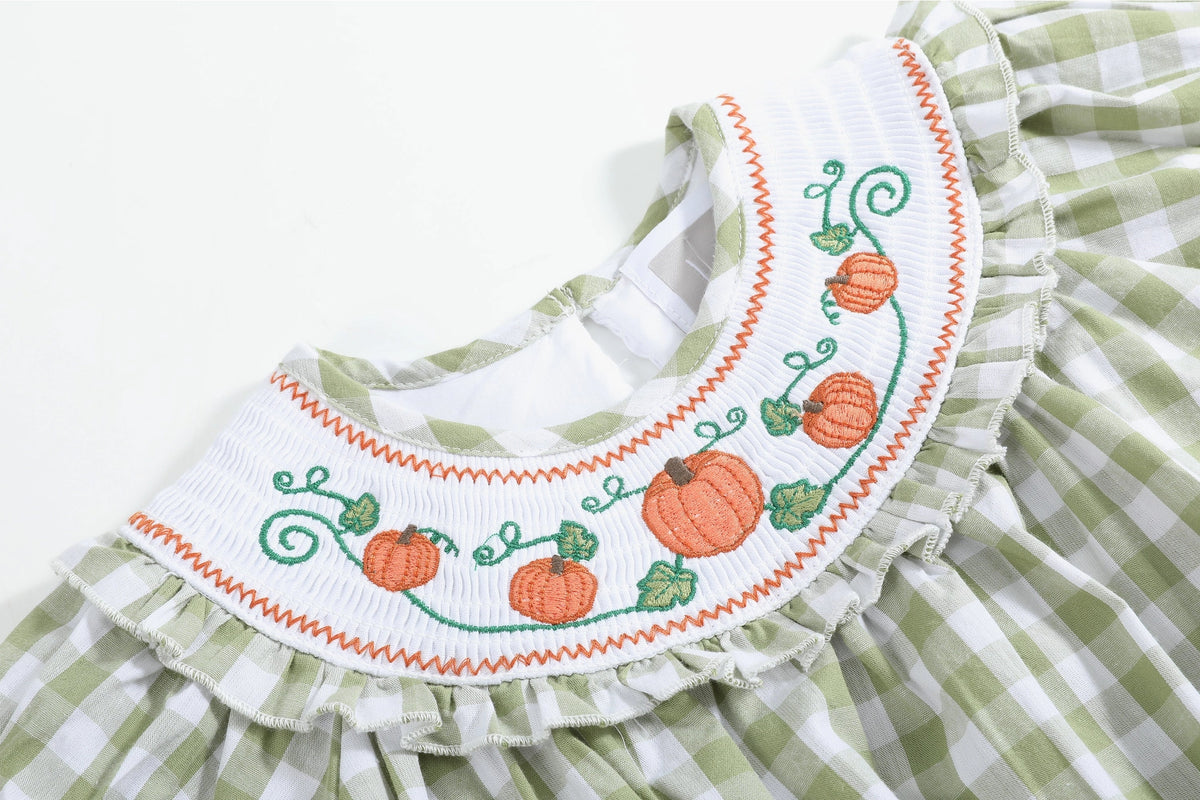 Sage Green Gingham Pumpkin Smocked Romper - Doodlebug's Children's Boutique