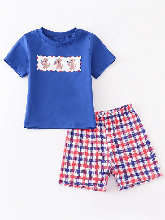 Navy Three Dogs Patriotic Embroidery Boy Short Set  - Doodlebug's Children's Boutique
